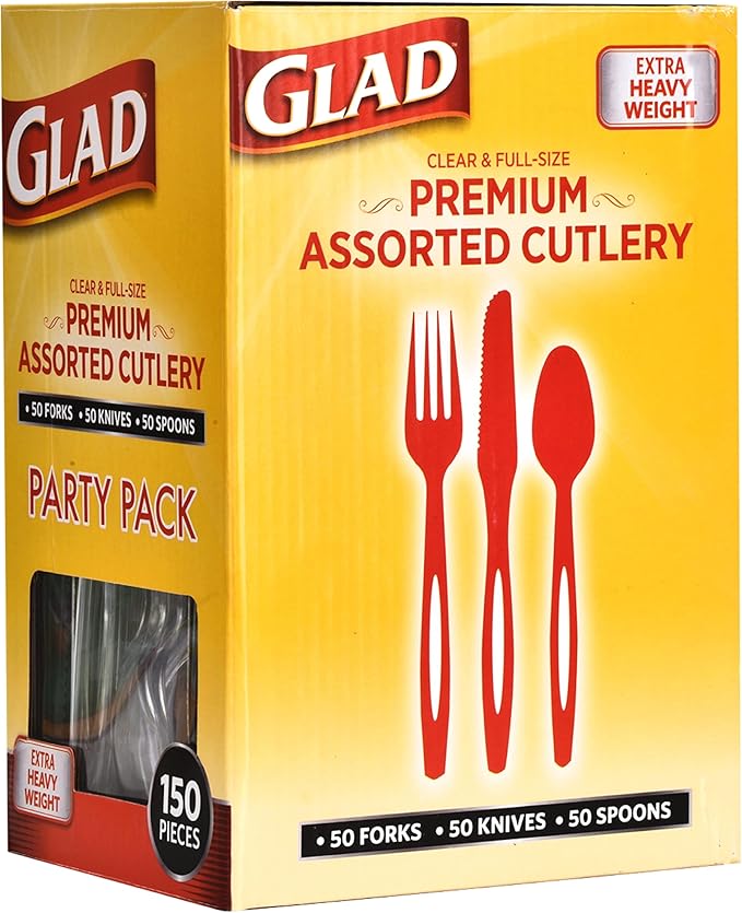 Glad Clear Disposable Cutlery Set with Heavy Duty Plastic Forks, Knives, and Spoons, Reusable Dishwasher Safe Plastic Utensils for Parties and Everyday Use, 150 Count - 6 Pack