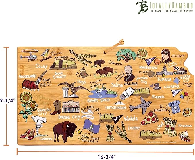 Totally Bamboo Kansas State Shaped Cutting Board and Charcuterie Serving Platter with Artwork by Fish Kiss, Includes Hang Tie for Wall Display