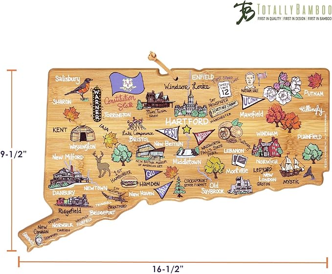 Totally Bamboo Connecticut State Shaped Cutting Board and Charcuterie Serving Platter with Artwork by Fish Kiss, Includes Hang Tie for Wall Display