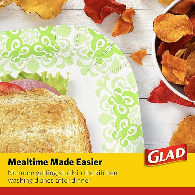 Glad Square Heavy Duty Paper Plates, Soak Proof and Cut Proof Disposable Plates for Parties and Everyday Meals, Microwaveable for Easy Serving, Green Victorian Pattern, 10 Inch, 100 Count - 6 Pack