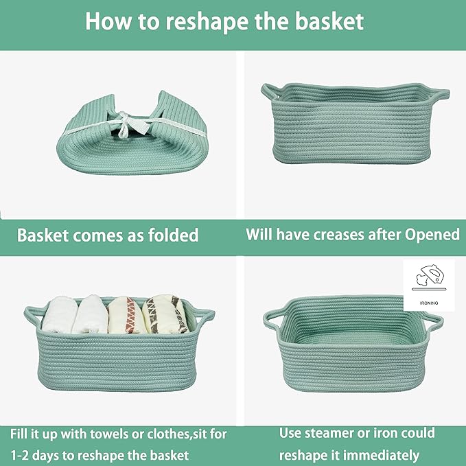 XUANGUO Woven Cotton Rope Storage Basket with Handles for Organizing Shelves Closet Small Cat Dog Pet Toy Baskets Box Bin Decorative Rectangle Baby Nursery Basket Gift Basket Empty (Light Green)