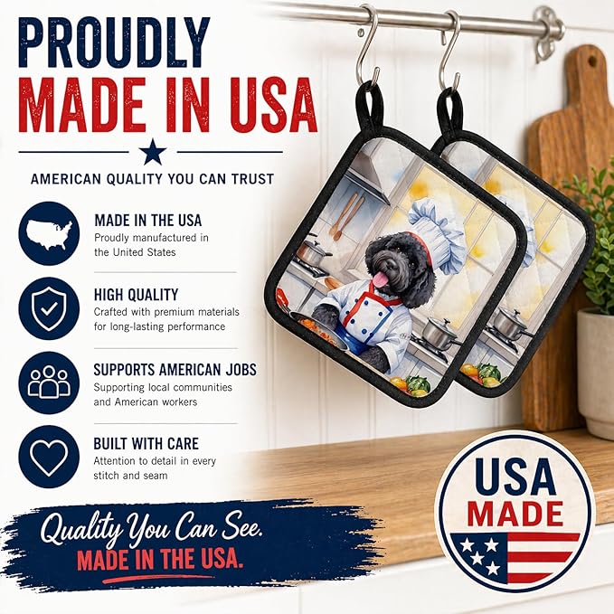Caroline's Treasures Portuguese Water Dog The Chef Pair of Pot Holders Kitchen Heat Resistant Pot Holders Sets Oven Hot Pads for Cooking Baking BBQ, 7 1/2 x 7 1/2