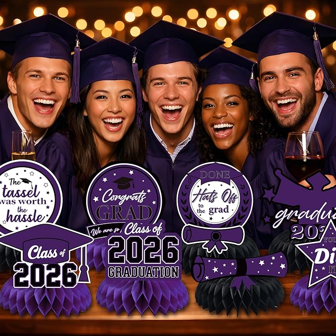 Graduation Decorations 2026 - Purple Graduation Honeycomb for Table Centerpiece | Graduation Party Decorations Class of 2026,Table Toppers for Graduation Party Favors Supplies Indoor Outdoor