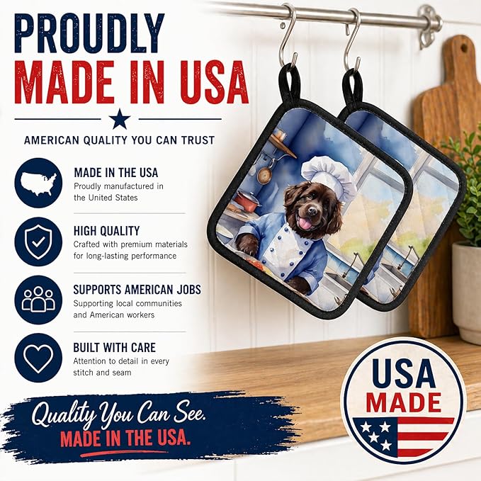 Caroline's Treasures Newfoundland The Chef Pair of Pot Holders Kitchen Heat Resistant Pot Holders Sets Oven Hot Pads for Cooking Baking BBQ, 7 1/2 x 7 1/2