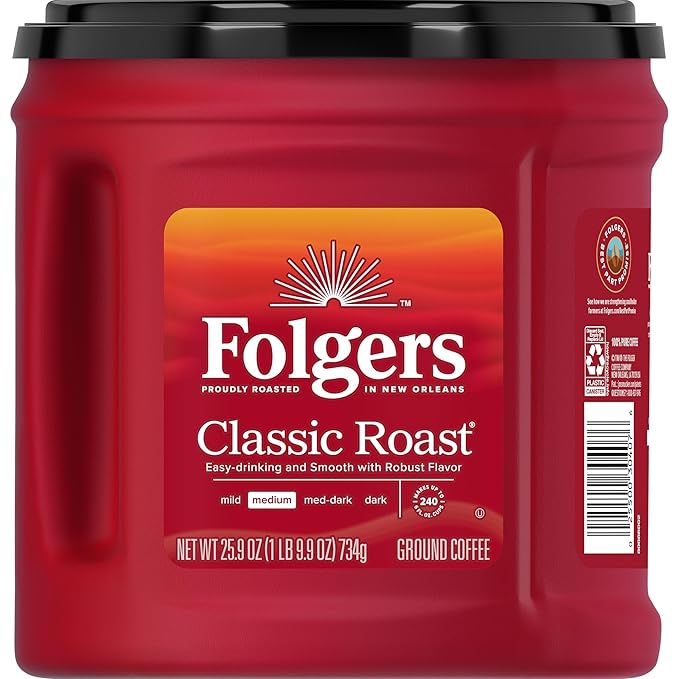 Folgers Classic Roast Ground Coffee, Medium Roast, 25.9 Oz. Canister (Pack of 6)