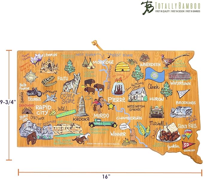 Totally Bamboo South Dakota State Shaped Cutting Board and Charcuterie Serving Platter with Artwork by Fish Kiss, Includes Hang Tie for Wall Display