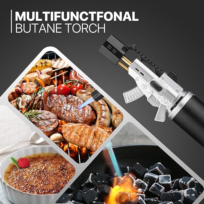 mollie Mini Butane Torch Lighter with Adjustable Flame, Small Refillable Kitchen Cooking Blow Torch for Creme Brulee, Windproof Baking Torch with Safety Lock, Silver 2-Pack (Butane Gas Not Included)