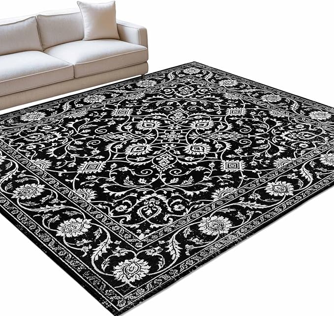 Area Rug 3x5ft, Paisley Vintage Black Floral Washable Rugs for Living Room Bedroom, Classic Flower Texture Soft Non-Slip Area Rugs Rectangle Floor Carpet for Dining Room
