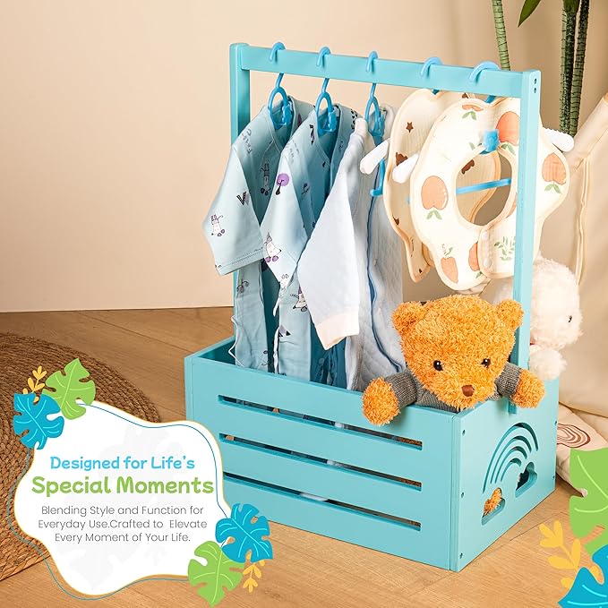 Wooden Baby Shower Crate Closet – with Handle, Smooth Surface & Round Edges – Textured Natural Wood - New Born Welcome Gift Hamper for Boys & Girls - Pregnancy Gifts for New Parents (Baby Blue)