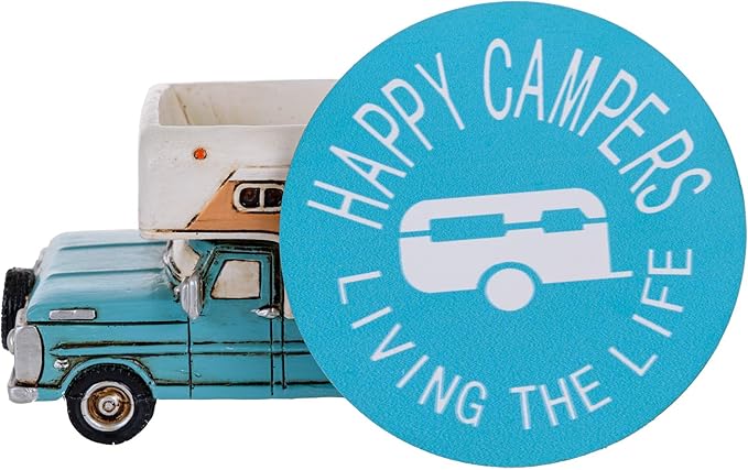 Happy Camper Car Coaster Set - Truck RV Coasters for Drinks Rustic Home Decor Living Room - Table Coasters Set Dining Room Decor and Accessories - Home Bar Camp