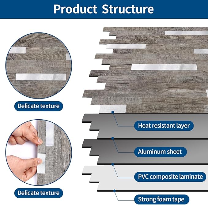 Yipscazo 5 Sheets Peel and Stick Stone Metal Tile Backsplash, Stick on Tiles for Backsplash Kitchen, Bathroom, Laundry Room, Camper, Fireplace (12'' X 12'', Gray Wood with Metal)