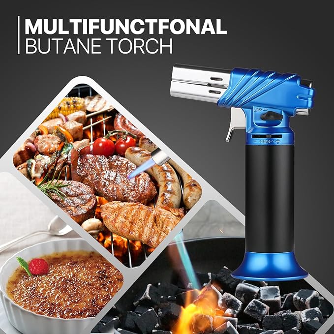 mollie Mini Butane Torch Lighter with Adjustable Flame, Small Refillable Kitchen Cooking Blow Torch for Creme Brulee, Windproof Baking Torch with Safety Lock, Blue 2-Pack (Butane Gas Not Included)
