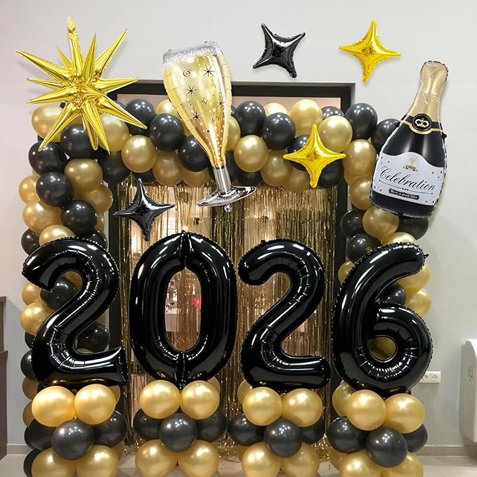 Black 2026 Balloons, 40 Inch Number 2026 Black Foil Balloons, Gold Black Star Balloon, Champagne Bottle Glass Balloon for Happy New Years Eve Party Supplies 2026 Class of 2026 Graduation Decorations