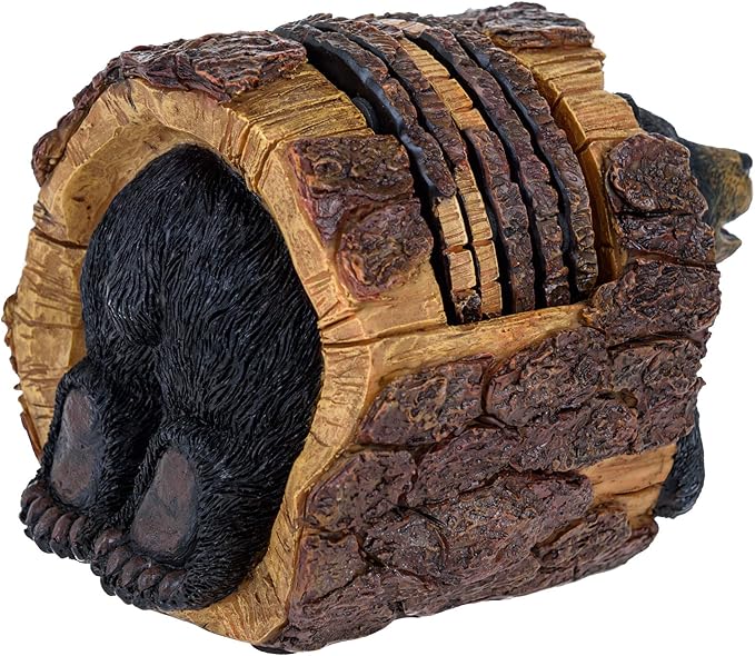 Black Bear Rustic Log Coaster Set - Drink Holders for Home Decor - Bear Print Cabin Coasters