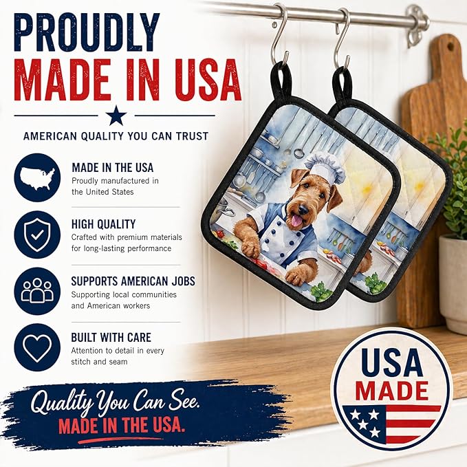 Caroline's Treasures Airedale Terrier The Chef Pair of Pot Holders Kitchen Heat Resistant Pot Holders Sets Oven Hot Pads for Cooking Baking BBQ, 7 1/2 x 7 1/2
