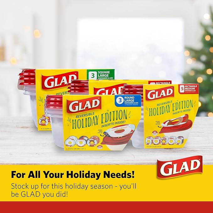 Glad GladWare Holiday Food Storage Containers with Reversible Gift Tags, Large Square BPA Free Plastic for Holiday Cookies and Gifting, Microwave Freezer Dishwasher Safe, 42 Oz, 3 Count