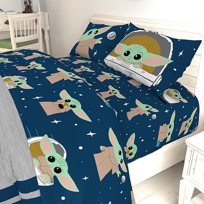 Jay Franco Kids Sheet Set with Fitted, Flat Sheets & Pillow Cover - Ultra-Soft Bedding with Pillowcase for Room Decor, Blue - Mandalorian, 4 Piece Queen