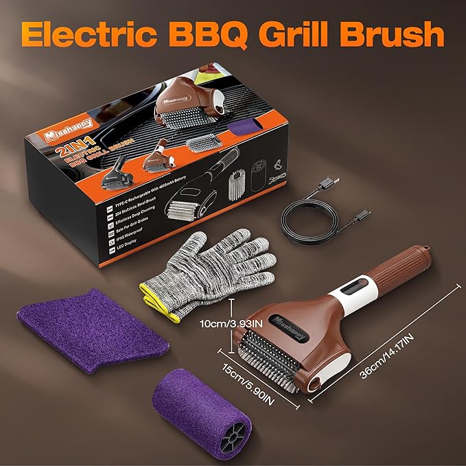 Electric Grill Brush - 4000mAh Cordless BBQ Grill Cleaner 2 Speed - 800RPM Bristle Free BBQ Grill Cleaner Tool Rechargeable with Scraper/LED Light/LED Display for Outdoor/Camping (Brown)