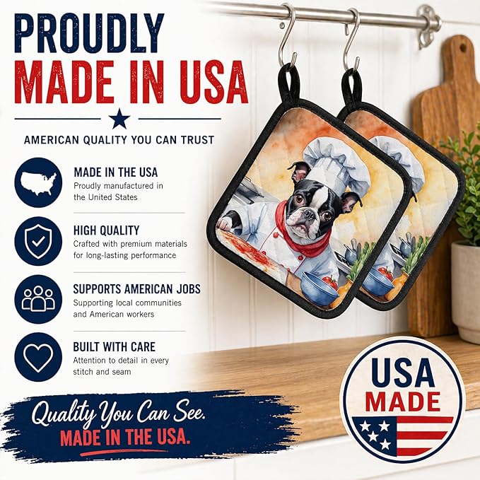 Caroline's Treasures Boston Terrier The Chef Pair of Pot Holders Kitchen Heat Resistant Pot Holders Sets Oven Hot Pads for Cooking Baking BBQ, 7 1/2 x 7 1/2