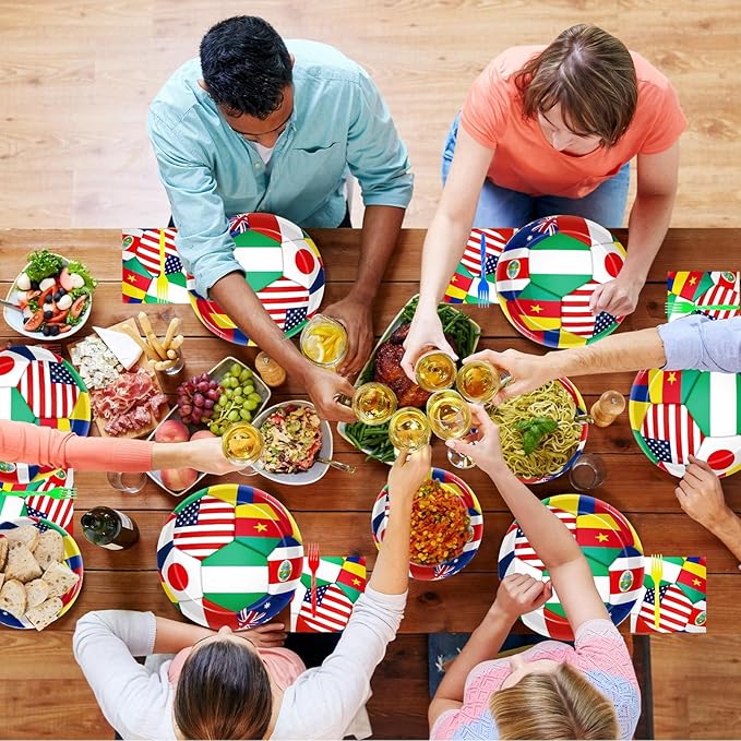 200Pcs World Cup Party Tableware Set, 2026 Soccer Ball Party Decorations Soccer Sports Events Festivals Supplies for International World Flags Disposable Paper Plates Napkins Forks Favors, Serve 50