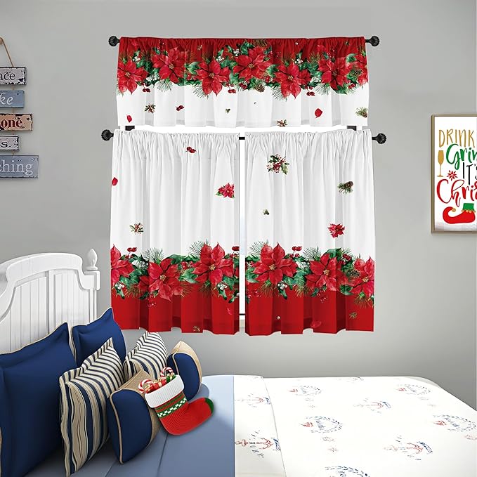 Christmas Poinsettia Curtain Valances Set of 3 Panels,Red,White&Green Rod Pocket,Festive Decor for Kitchen Bedroom, Bathroom,Laundry,52x18 Inch + 2x36x26 Inch