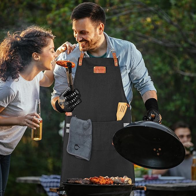 onlyfire Cooking Chef Apron with Pockets, 1472°F Heat Resistant Grill Gloves and Cleaning Cloth for Cooking, Grilling, Barbecue, Smoker, Baking, Frying, Kitchen Tools BBQ Accessories