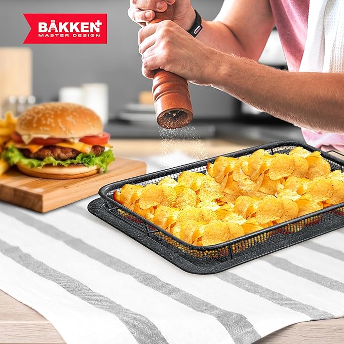 Bakken- Swiss Crisper Tray Gray Marble Coating - 2-Piece Set – Large, Non-Stick Basket Design for Healthier Cooking in Regular Ovens - Achieve Perfectly Crispy Chips, Bacon, and More