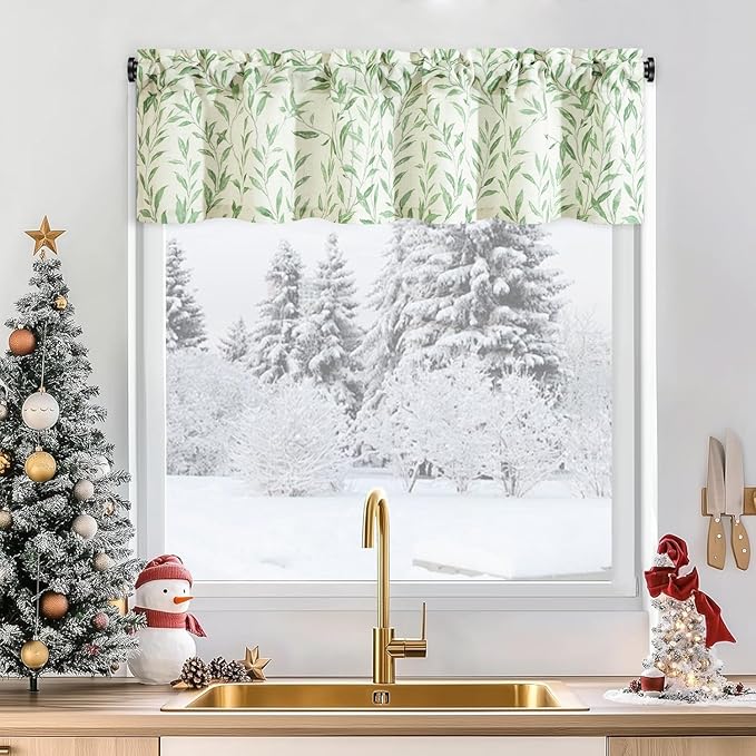 Leeva Windows Valances for Bathroom - Farmhouse Leaves Print Thermal Insulated Short Curtains for Bedroom & Kitchen, 52 x 12, Green, One Panel