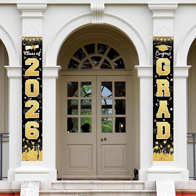 2026 Graduation Party Decorations - Black Gold Class of 2026 Congrats Grad Porch Sign Banner Hanging Flag Graduation Party Supplies for School College Classroom Decor