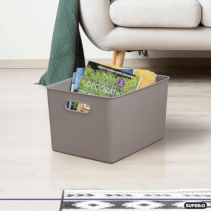 Superio Ribbed Collection - Decorative Plastic Basket Open Home Storage Bins Organizer, X-Large Taupe (4 Pack) Container Boxes for Organizing Closet Storage Bins for Shelves 22 Liter/23 Quart