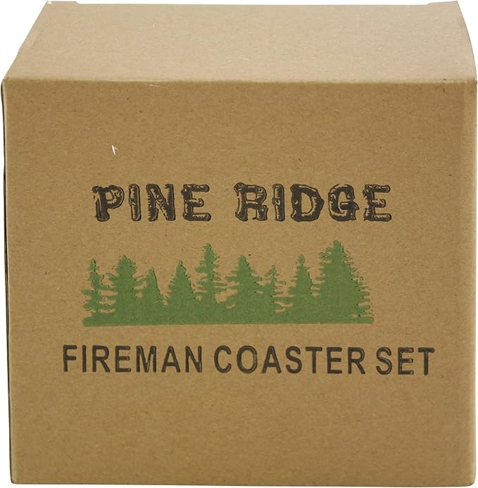 Pine Ridge Fire Department Set of 4 Coasters with Rubber Pad Base and Holder - Volunteer Fireman Fire Fighter Gift Ideas - Beautiful Polyresin Made Firefighter Symbol Display Items