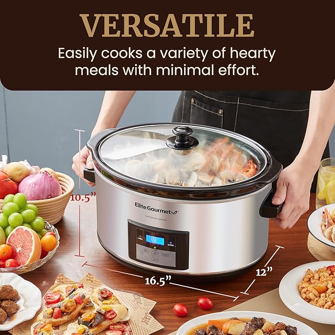 Elite Gourmet Stainless Steel Slow Cooker, Dishwasher-Safe with Tempered Glass Lid, Cool-Touch Handles, Removable Stoneware Pot, 8.5 Quart,MST-900V