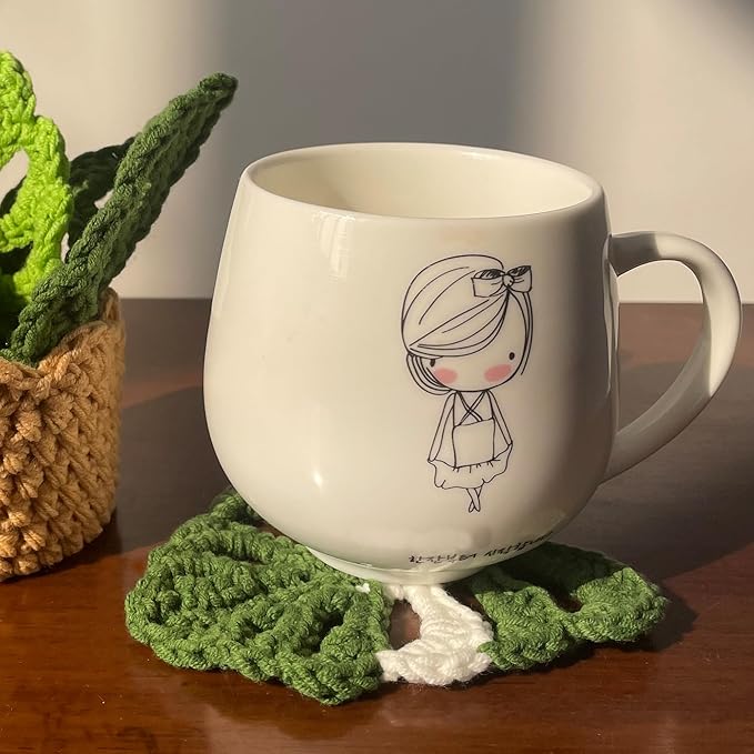 DICHA Monstera Crochet Coasters with Plant Pot-Container Beverage Coaster Sets with Holder Bar Coasters for Drinks Coffee Table Desk-Succulent Plant Pot Coaster-Set of 5
