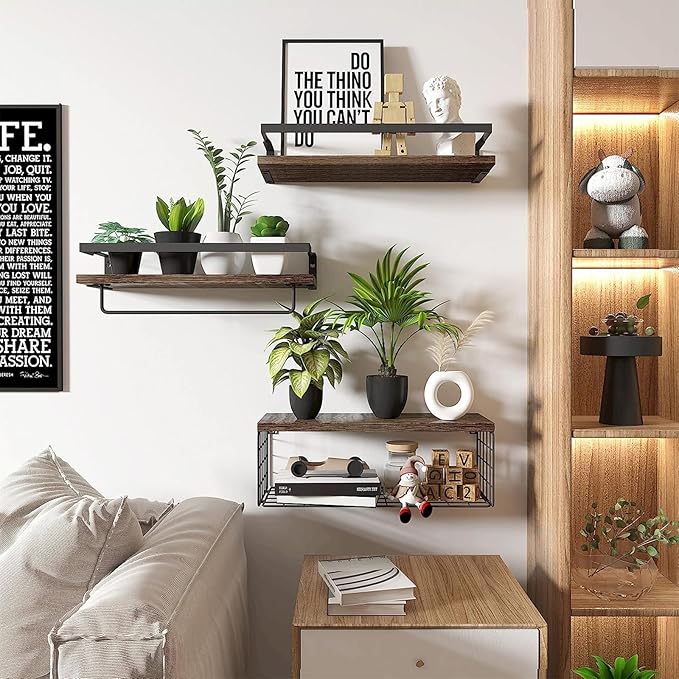 Upgrade Towel Racks for Bathroom Wall Mounted, 3 Pack Floating Shelves with Storage Basket, Bathroom Organizes, Wall Mounted Rustic Wood Shelves for Bedroom, Living Room, Kitchen (Brown)