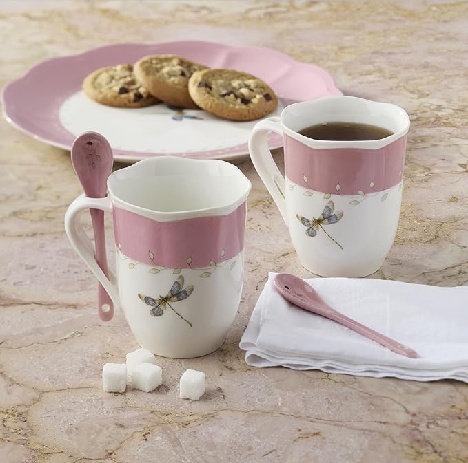 Lenox 897803 Butterfly Meadow Color Mugs With Spoons, Set Of 2, Pink