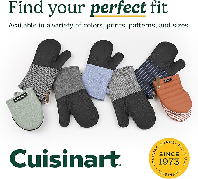 Cuisinart Mini Oven Mitts – 5.5” x 8” Heat-Resistant Kitchen Mitts for Oven with Non-Slip Printed Silicone, Cotton Filling, and Faux Leather Loop – Durable Oven Mitt Set for Cooking & Baking