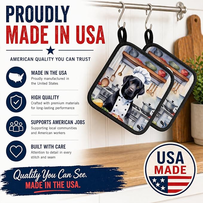 Caroline's Treasures Black Labrador Retriever The Chef Pair of Pot Holders Kitchen Heat Resistant Pot Holders Sets Oven Hot Pads for Cooking Baking BBQ, 7 1/2 x 7 1/2