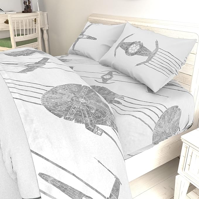 Jay Franco Kids Sheet Set with Fitted, Flat Sheets & Pillow Cover - Ultra-Soft Bedding with Pillowcase for Room Decor, White - Star Wars, 4 Piece Queen