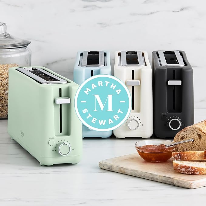 Martha Stewart 2 Slice Long Slot Toaster, Extra Wide for Sourdough & Bagels, 10 Setting Shade Control, Removable Crumb Tray, Self-Centering Design, Defrost/Reheat, Cancel, Slim Space-Saving, Linen