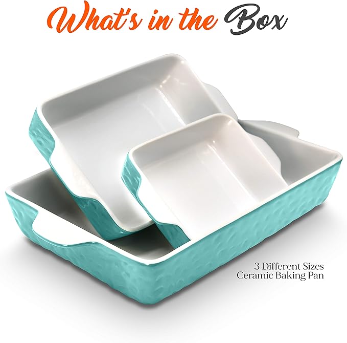 NutriChef 3-pc Casserole Dish Set for Oven, Ceramic Lasagna Baking Dishes, Deep Serving Dish with Handles - Aqua, (14.7"/ 10.8"/ 7.9")