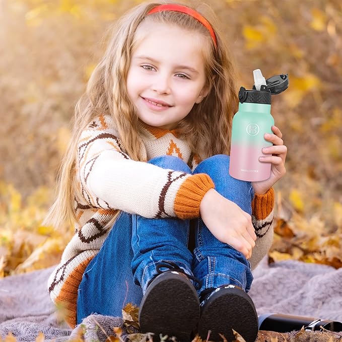 Han's Bottle Kids Water Bottle with Straw Lid - Insulated Stainless Steel Reusable Tumbler for Girls,Boys,Thermo Mug,12oz,Bubble Gum