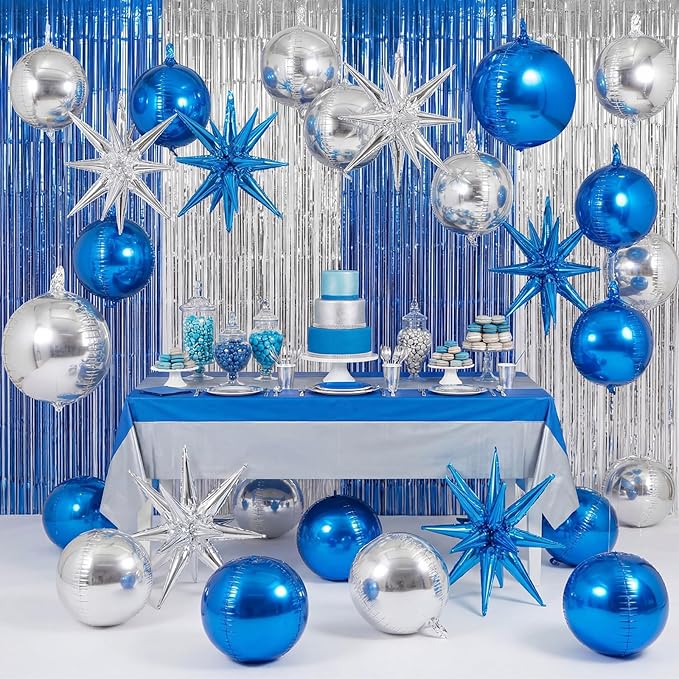 Seenelling 25 Pcs Blue and Silver Graduation Party Decorations 2026 Sets 22 Inch 4D Large Stars Balloons with Metallic Tinsel Foil Fringe Backdrop Curtains for Birthday Anniversary Wedding Decor