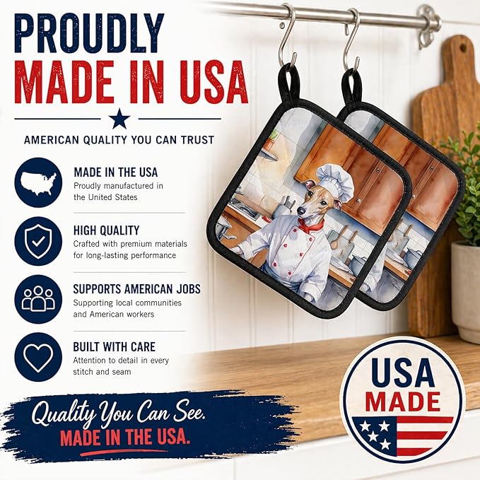 Caroline's Treasures Whippet The Chef Pair of Pot Holders Kitchen Heat Resistant Pot Holders Sets Oven Hot Pads for Cooking Baking BBQ, 7 1/2 x 7 1/2