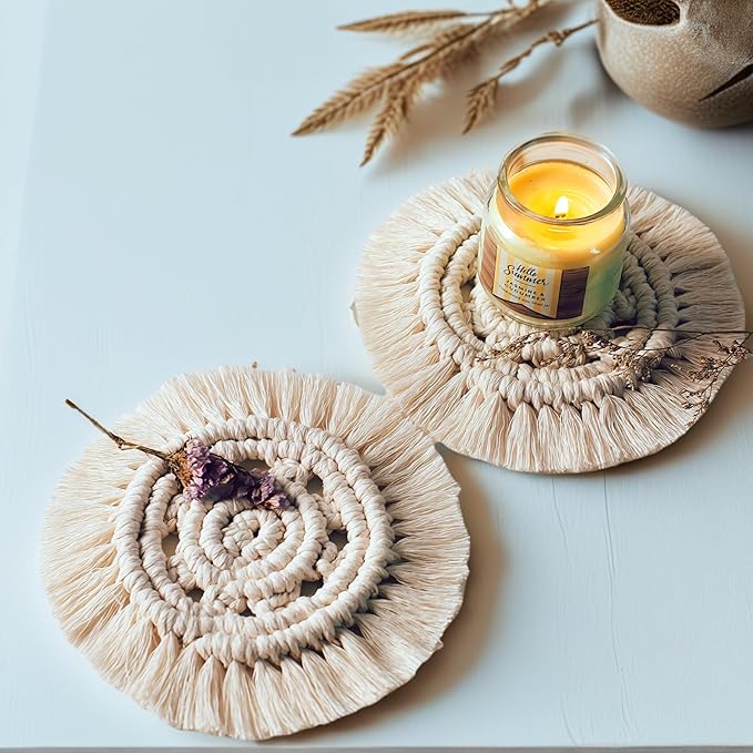 Boho Macrame Coasters Set of 2,Absorbent Coaster for Drinks, Round Handmade Woven Coasters for Boho Home Decor, CupCoasters for Office Desk, Kitchen, Dining Room, Bar (Hole-Beige(2pcs)/7.4in)