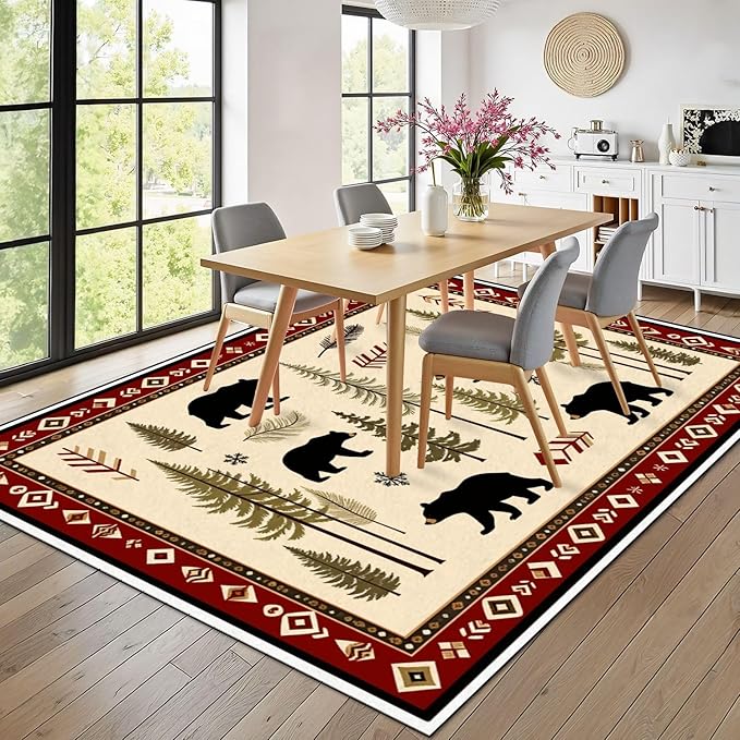 8x10 Area Rugs for Bedroom Boho Washable Man Cave Rug for Living Room Rustic Bear Pine Tree Wilderness Autumn Elements Soft Rubber Backed Non-Slip Large Carpets for Boys