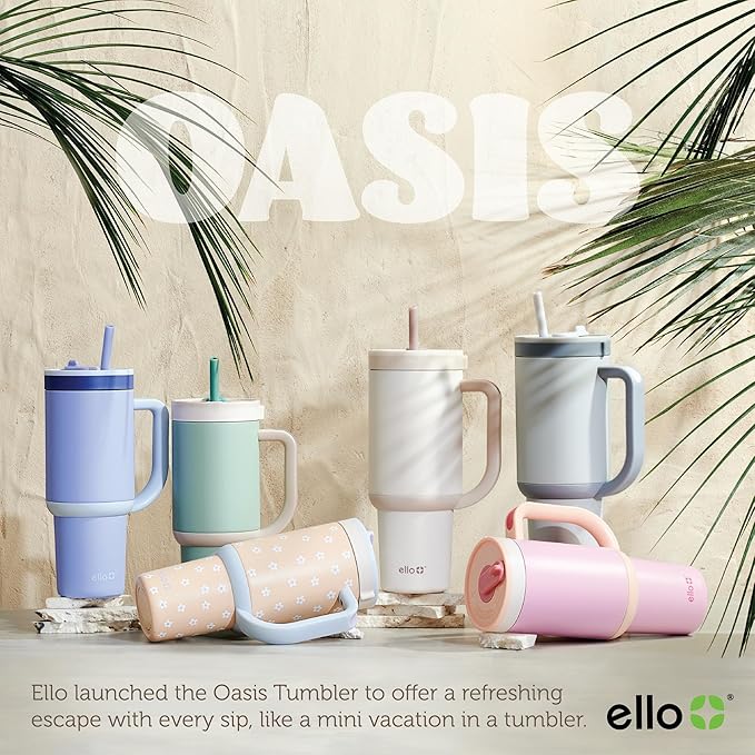 Ello Oasis 40 oz Tumbler with Handle & Retracting Straw | Reusable Insulated Stainless Steel Cup 100% Leakproof, Gifts for Teens Women Men | Keeps cold for 20 Hours, Cup Holder Friendly, Grayscale
