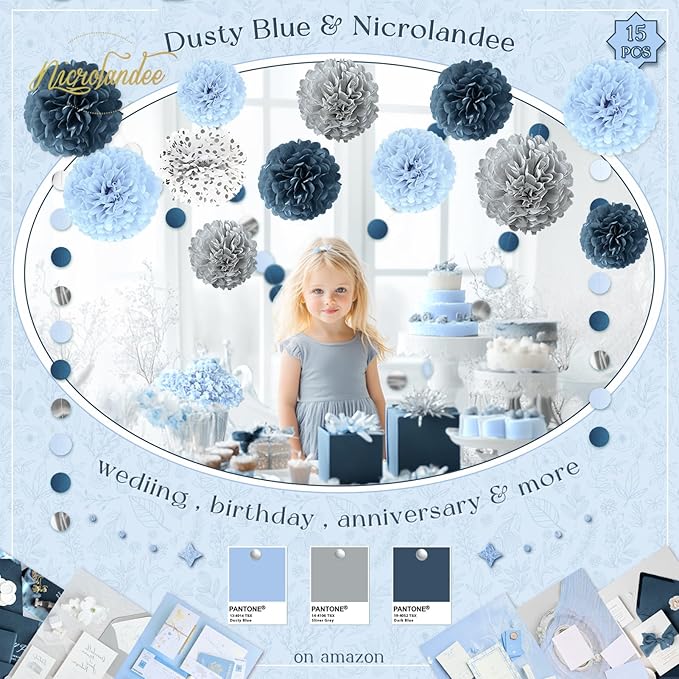 NICROLANDEE Dusty Blue Wedding Decorations, 15 PCS Tissue Pom Poms Paper Garland Decoration for Something Blue Bridal Shower Bachelorette Party Baby Shower Decorations