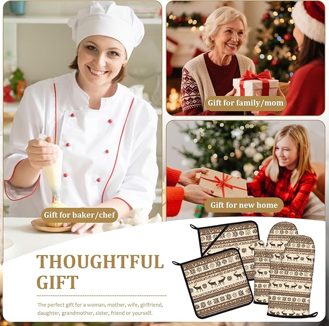 Brown Rustic Deer Oven Mitts and Pot Holders Sets 4Pcs Wild Animal Silicone Kitchen Gloves Heat Resistant Potholders for Baking Cooking Grilling BBQ
