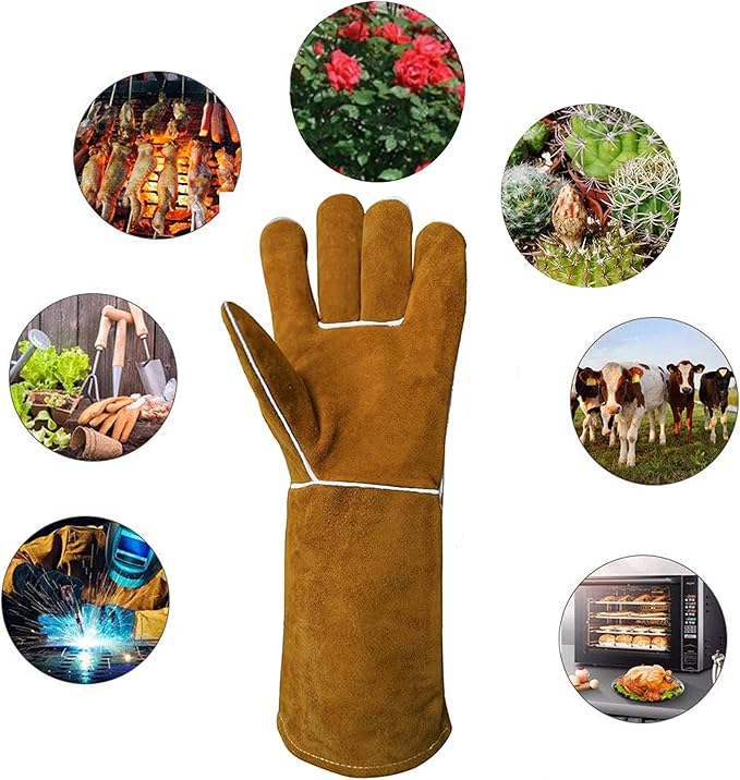 Heat Resistant Gloves for Grill BBQ,Long Sleeve Grill Gloves for Baking,Oven,Fireproof, Stove,Welder,Welding,Fireplace (l-Brown)