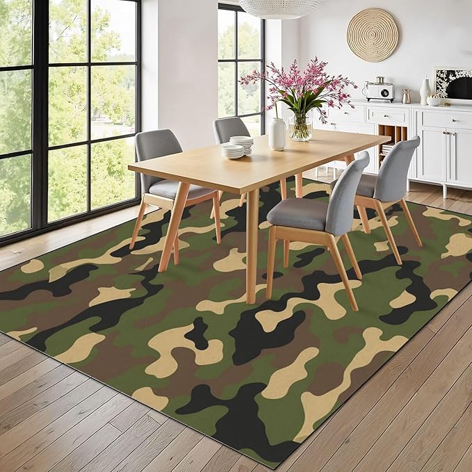 8x10 Area Rugs for Bedroom Boho Washable Man Cave Rug for Living Room Camouflage Green Brown Tan Shades Distinctive Design Soft Rubber Backed Non-Slip Large Carpets for Boys